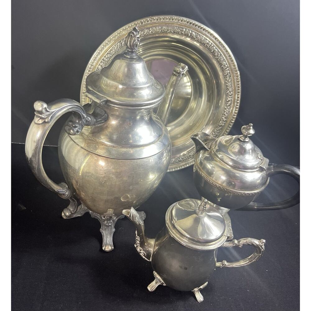 Vintage Silver Plated Lot 4 Pieces Tea Coffee Pot Serving Bowl Decor Set